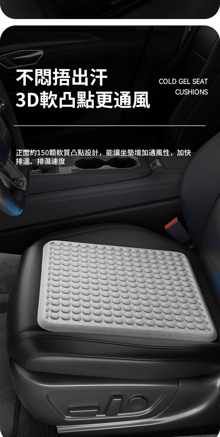 不出汗3D軟凸點更通風COLD GEL SEATCUSHIONS正面約150顆軟質凸點設計,能讓坐墊增加通風性,加快排溫、排濕速度