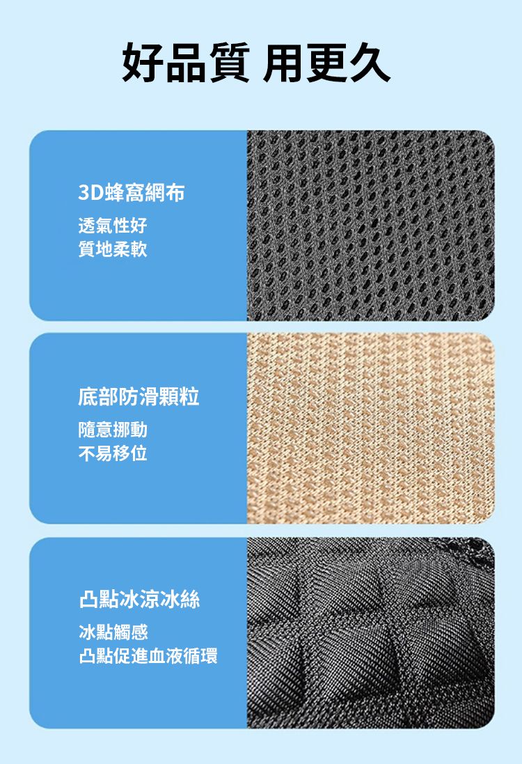 好品質 用更久3D蜂窩網布透氣性好質地柔軟底部防滑顆粒隨意挪動不易移位凸點冰涼冰絲冰點觸感凸點促進血液循環