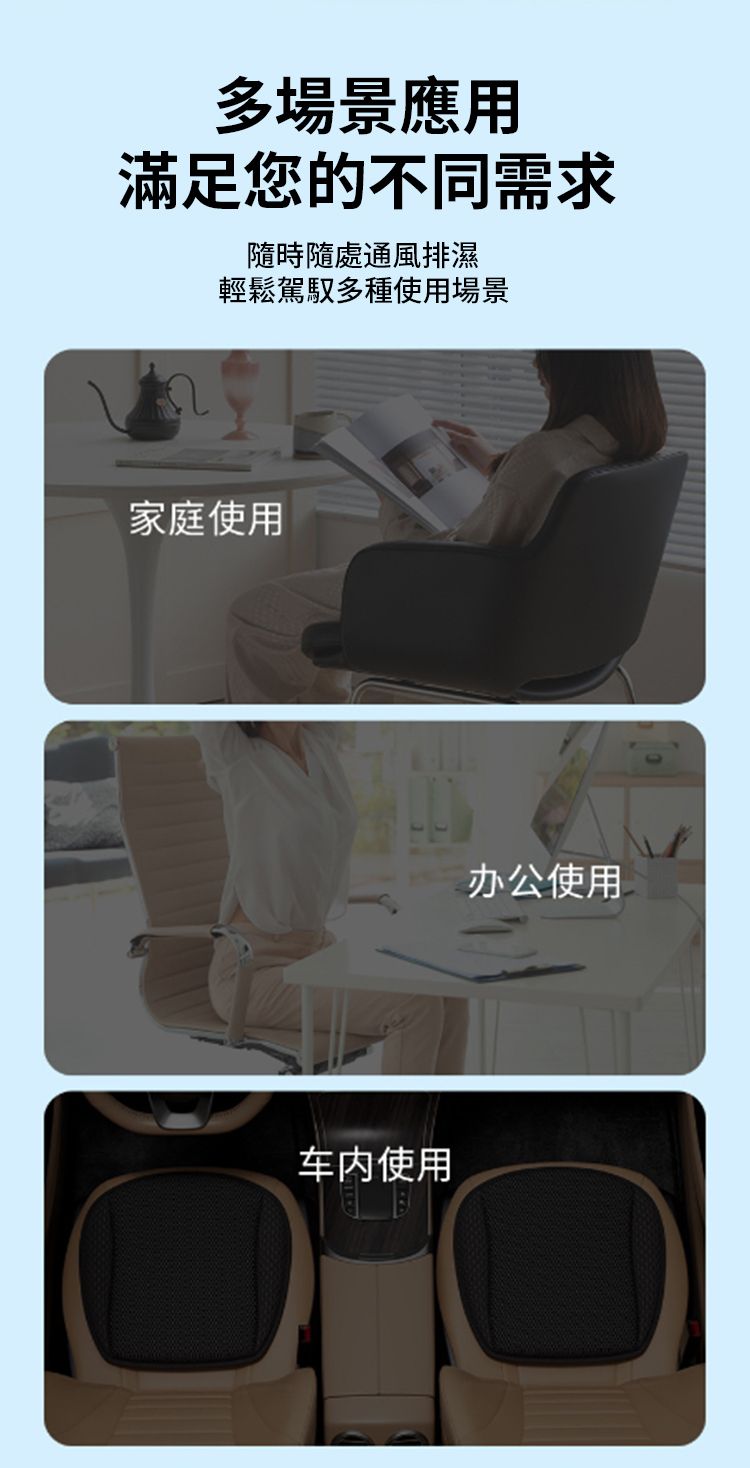 多場景應用滿足您的不同需求隨時隨處通風排濕輕鬆駕馭多種使用場景家庭使用车内使用办公使用
