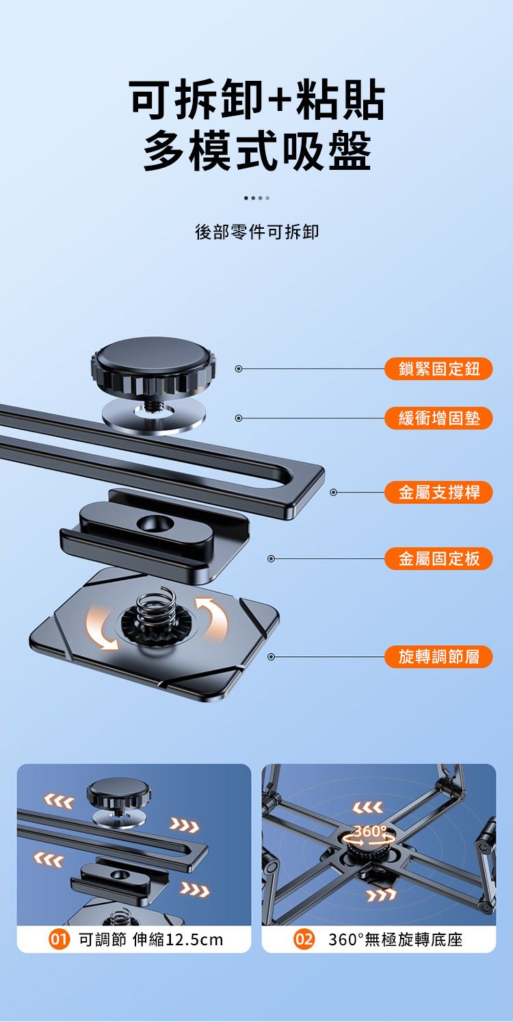 可拆卸+粘貼多模式吸盤後部零件可拆卸鎖緊固定鈕緩衝增固墊金屬支撐桿金屬固定板旋轉調節層360 可調節 伸縮12.5cm 360°無極旋轉底座