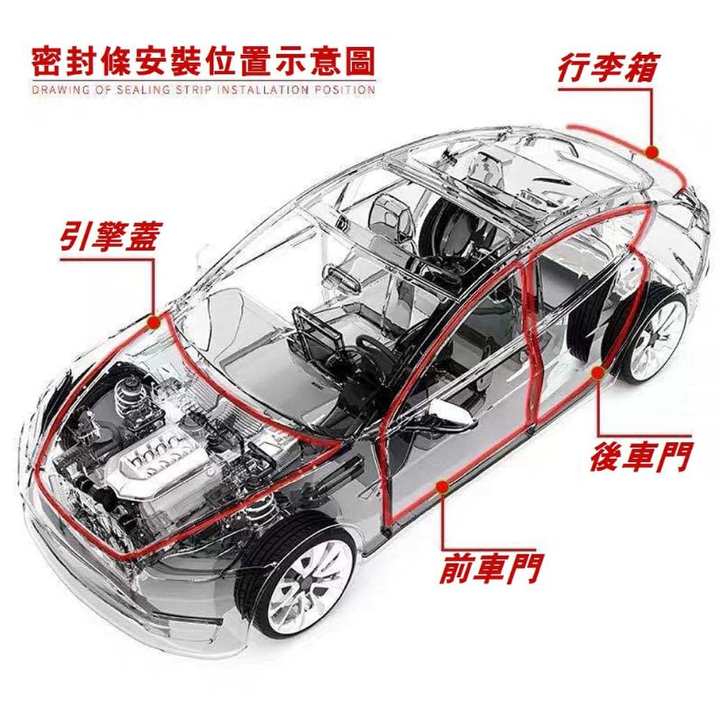 密封條安裝位置示意圖DRAWING OF SEALING STRIP INSTALLATION POSITION引擎蓋行李箱前車門後車門
