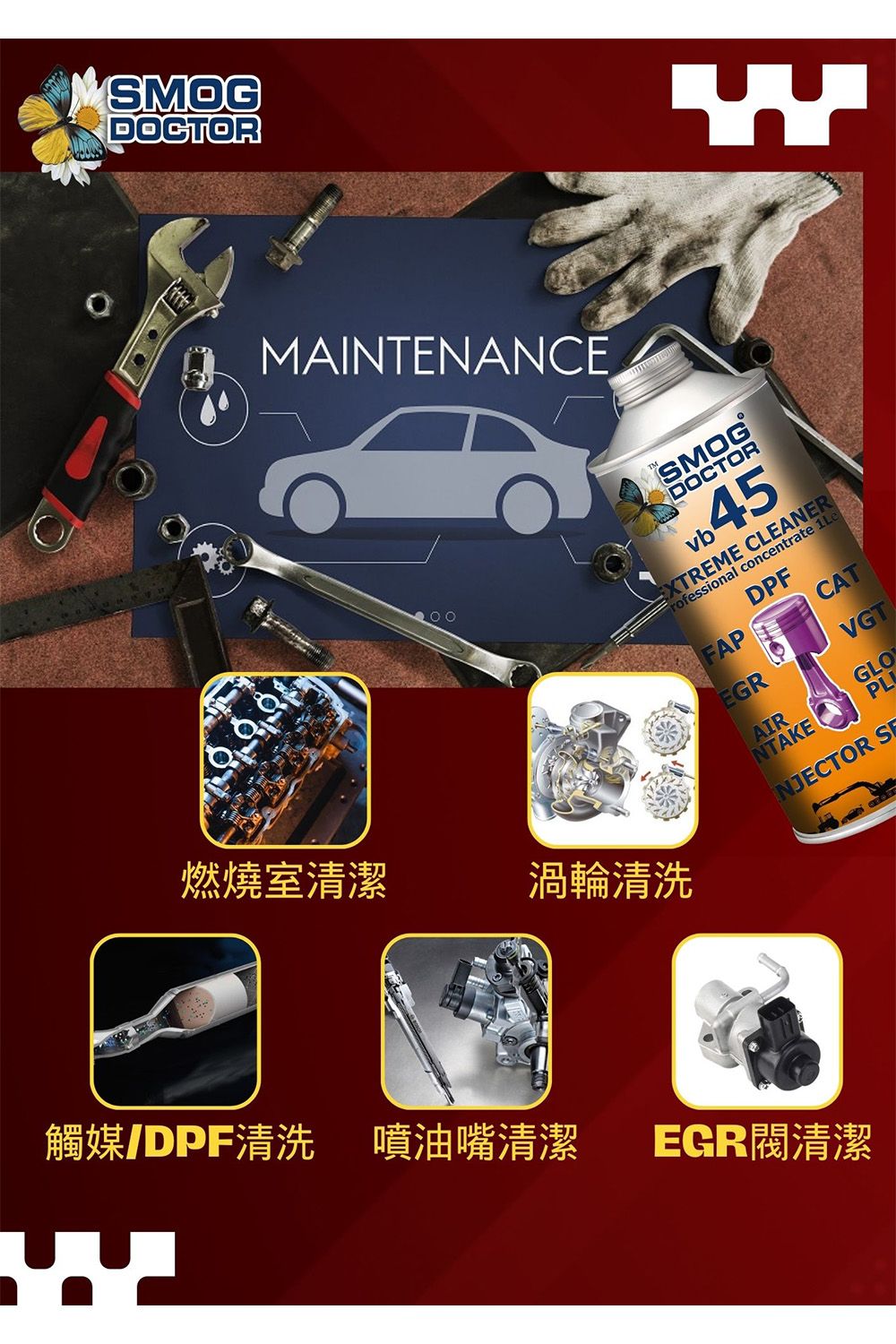 SMOGDOCTORMAINTENANCESMOGDOCTOREXTREME CLEANERrofessional concentrate 1Le燃燒室清潔渦輪清洗FAPCATEGRVGTAIRGLONTAKEPLNJECTOR S觸媒DPF清洗 噴油嘴清潔 EGR閥清潔