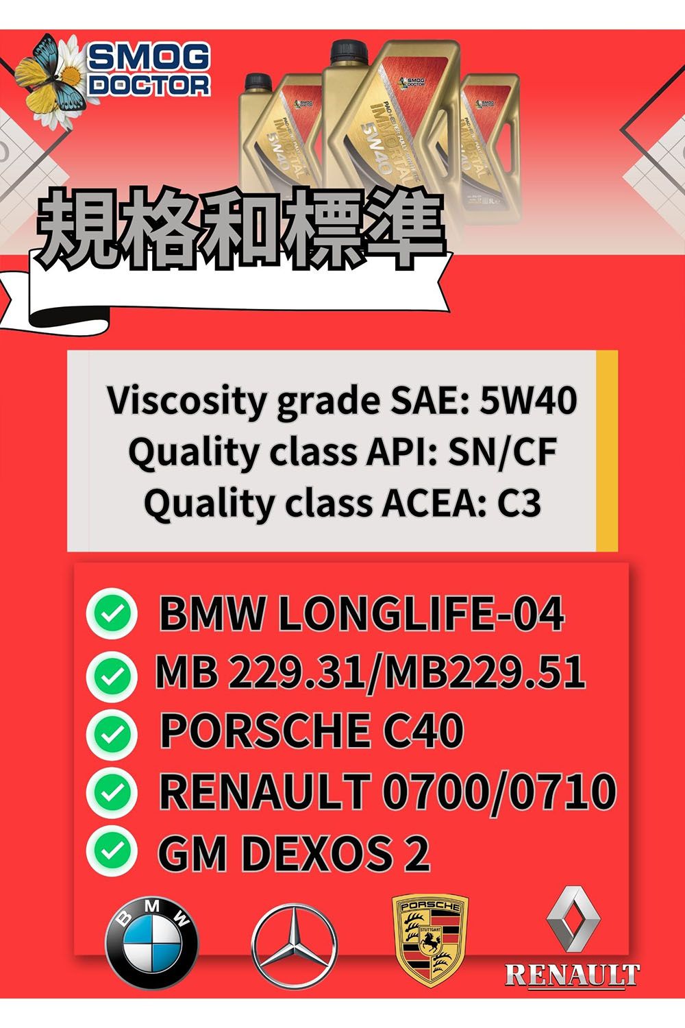 SMOGDOCTOR540規格和標準Viscosity grade SAE: 5W40Quality class API: SN/CFQuality class ACEA: C3BMW LONGLIFE-04MB 229.31/MB229.51PORSCHE C40RENAULT 0700/0710GM DEXOS 2BMWPORSCHERENAULT