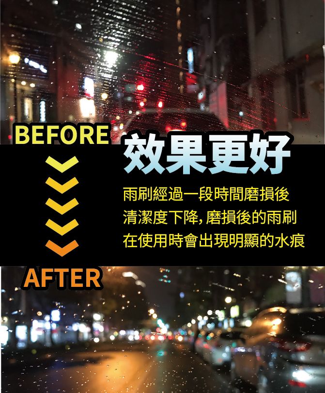 BEFOREAFTER效果更好雨刷經過一段時間磨損後清潔度下降,磨損後的雨刷在使用時會出現明顯的水痕