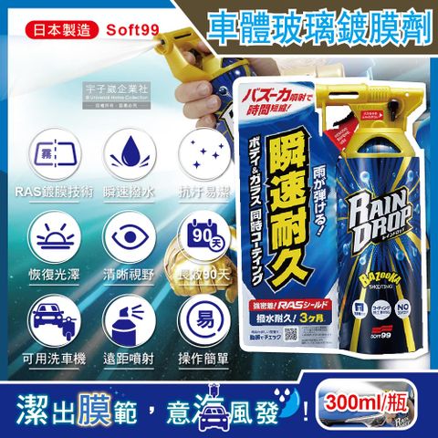 日本Soft99-Rain Drop撥水瞬速耐久90天長效防污車體玻璃鍍膜劑(W310)300ml/噴槍瓶(汽車美容,抗污)