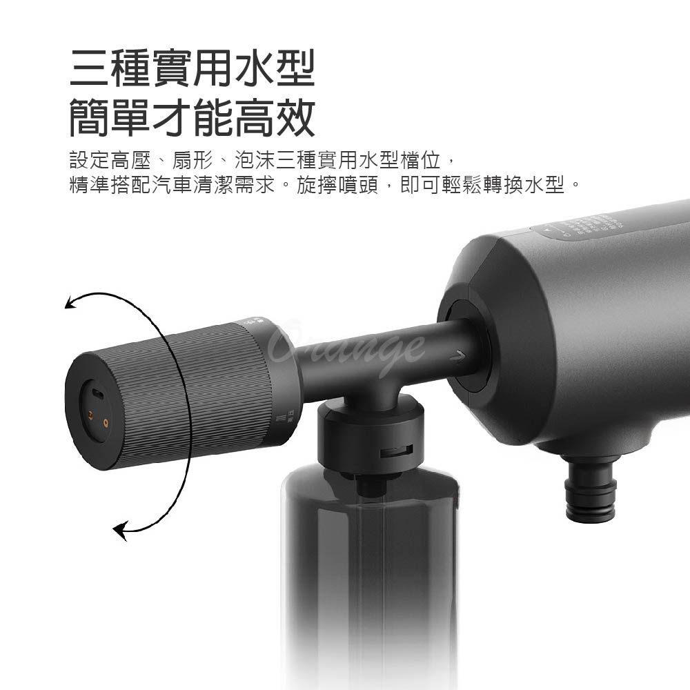 三種實用水型簡單才能高效設定高壓、扇形、泡沫三種實用水型檔位,精準搭配汽車清潔需求。旋噴頭,即可輕鬆轉換水型。
