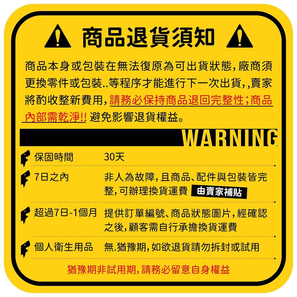 商品退貨須知 商品本身或包裝在無法復原為可出貨狀態,廠商須更換零件或包裝..等程序才能進行下一次出貨,賣家將酌收整新費用,請務必保持商品退回完整性;商品內部需乾淨!!避免影響退貨權益。WARNING保固時間30天7日之內非人為故障,且商品、配件與包裝皆完整,可辦理換貨運費由賣家補貼超過7日-1個月 提供訂單編號、商品狀態圖片,經確認之後,顧客需自行承擔換貨運費個人衛生用品 無.猶豫期,如欲退貨請勿拆封或試用猶豫期非試用期,請務必留意自身權益