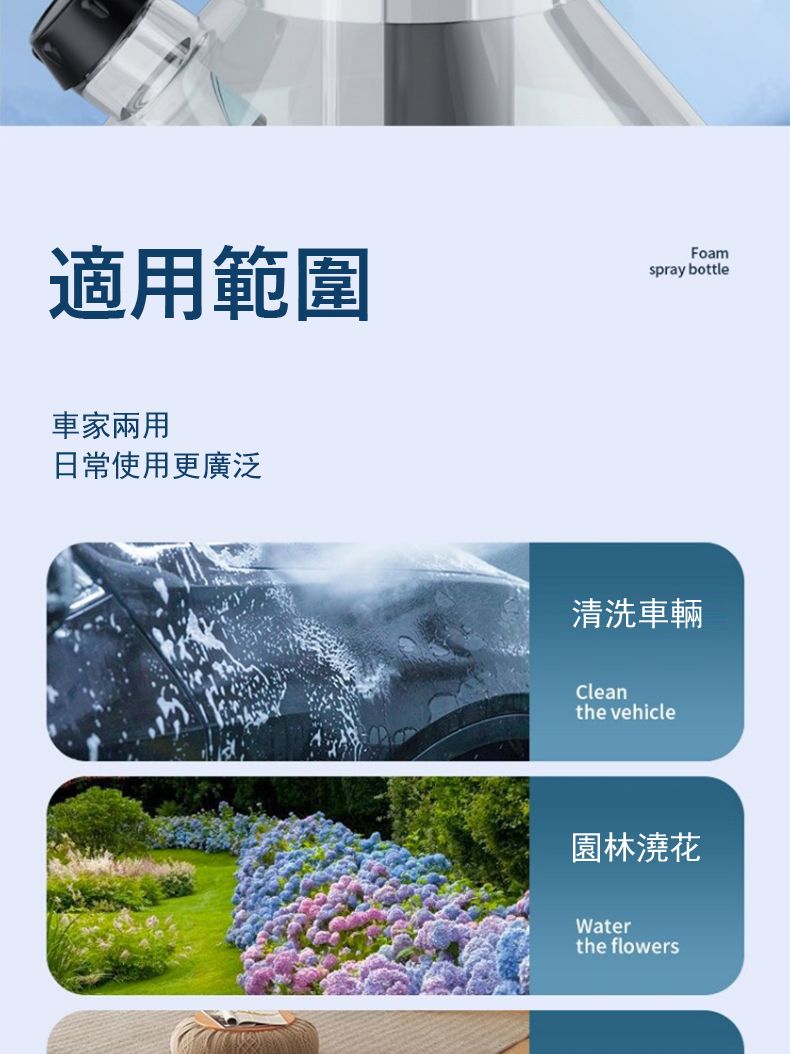 適用範圍Foamspray bottle車家兩用日常使用更廣泛清洗車輛Cleanthe vehicle園林澆花Waterthe flowers