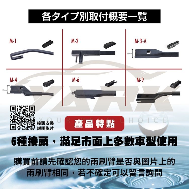 M-1各タイプ別取付概要一覧M-2M-3-AM-4M-6M-9接頭安裝說明影片產品特點HOICE6種接頭,滿足市面上多數車型使用購買前請先確認您的雨刷臂是否與圖片上的雨刷臂相同,若不確定可以留言詢問