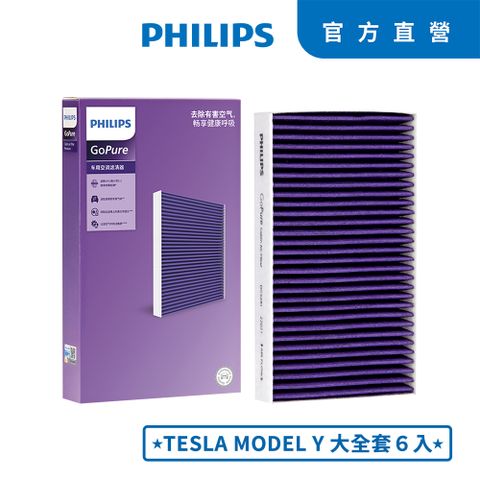 PHILIPS飛利浦多效車用抗敏除菌冷氣濾網-特斯拉TESLA MODEL Y專用內部+外部濾網大全套(六片裝)