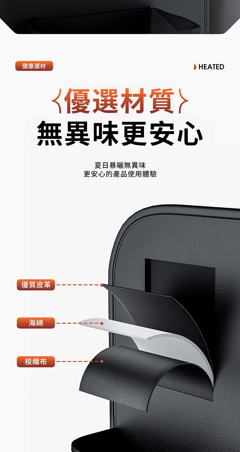健康選材 HEATED優選材質無異味更安心夏日暴曬無異味更安心的產品使用體驗優質皮革海綿梭織