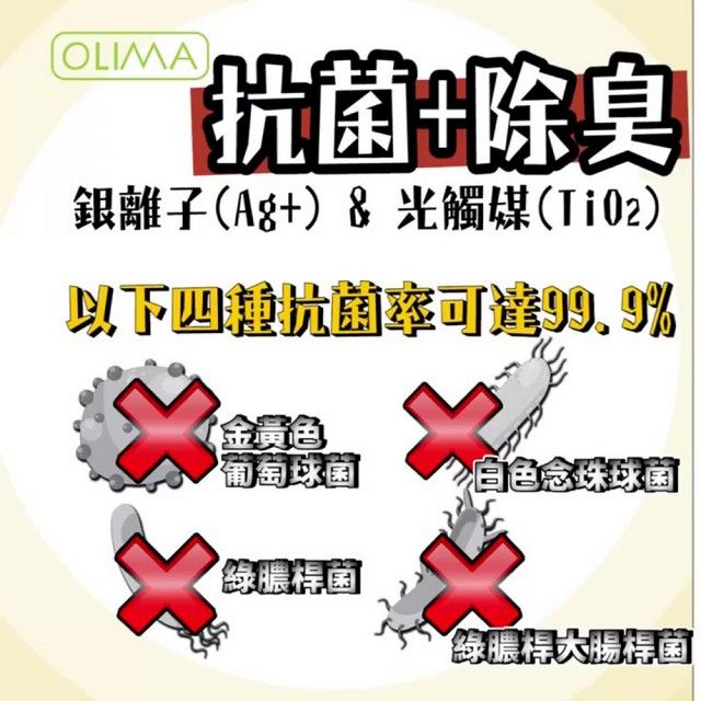 OLIMA【除臭銀離子(Ag+ & 光觸媒(TiO2)以下抗菌可達99.9%金黃色 葡萄球菌白色念珠球菌綠膿桿菌綠膿桿大腸桿菌