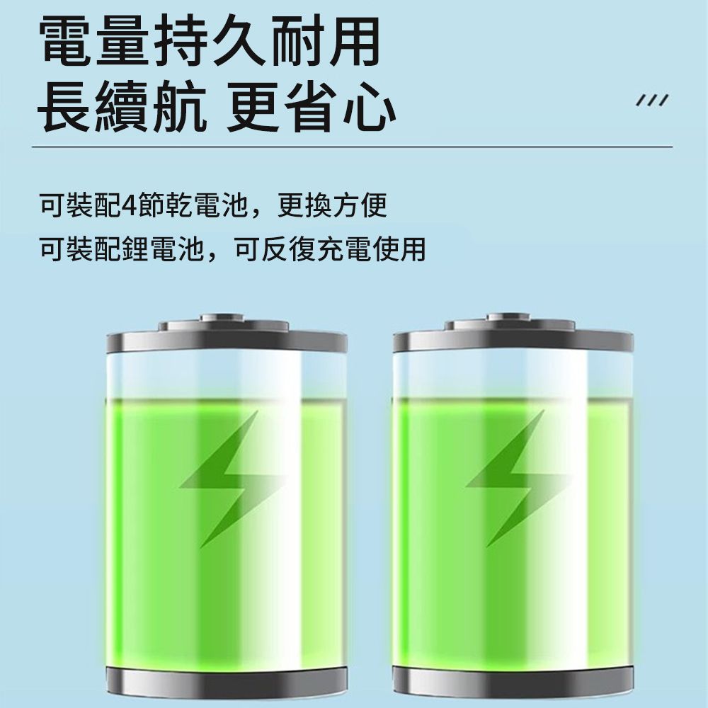 電量持久耐用長續航更省心可裝配4節乾電池,更换方便可裝配鋰電池,可反復充電使用