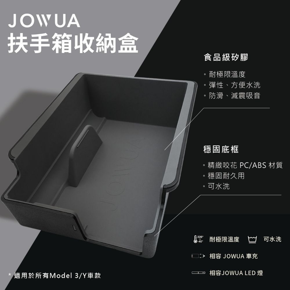 JOWUA 為所有 Model 3/ Y 後中控台設計 讓車內後中控區域更整齊增加儲物空間以收納太陽眼鏡充電轉接頭LED感應燈衛生紙等隨身小物品