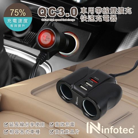 infotec 英富達 CC-105 QC3.0車用帶線雙擴充快速充電器(3USB孔+2點菸孔)