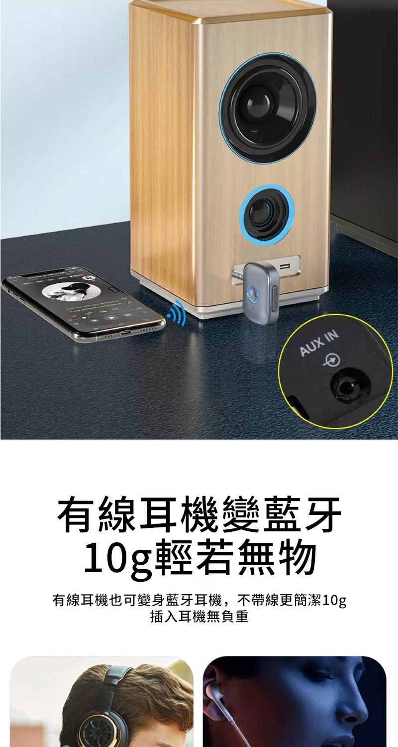 有線耳機變藍牙10g輕若無物有線耳機也可變身藍牙耳機,不帶線更簡潔10g插入耳機無負重AUX IN