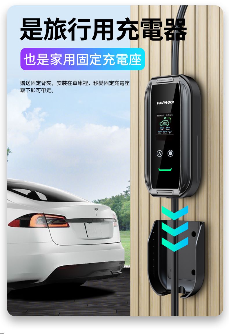 是旅行用充電器也是家用固定充電座贈送固定背夾,安裝在車庫裡,秒變固定充電座取下即可帶走。PAPAGO!