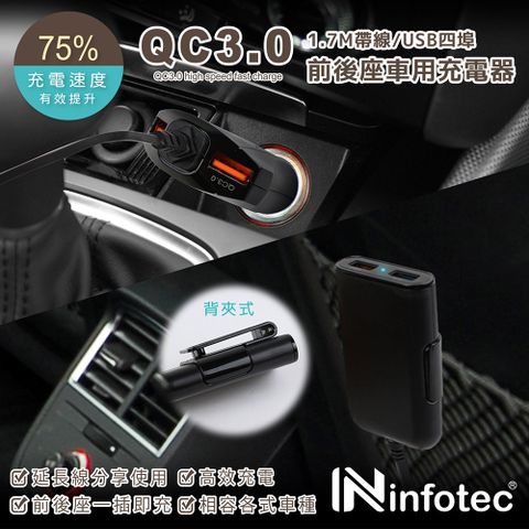 infotec 英富達 CC103 QC3.0 帶線4埠USB前後座車充(1.7M)