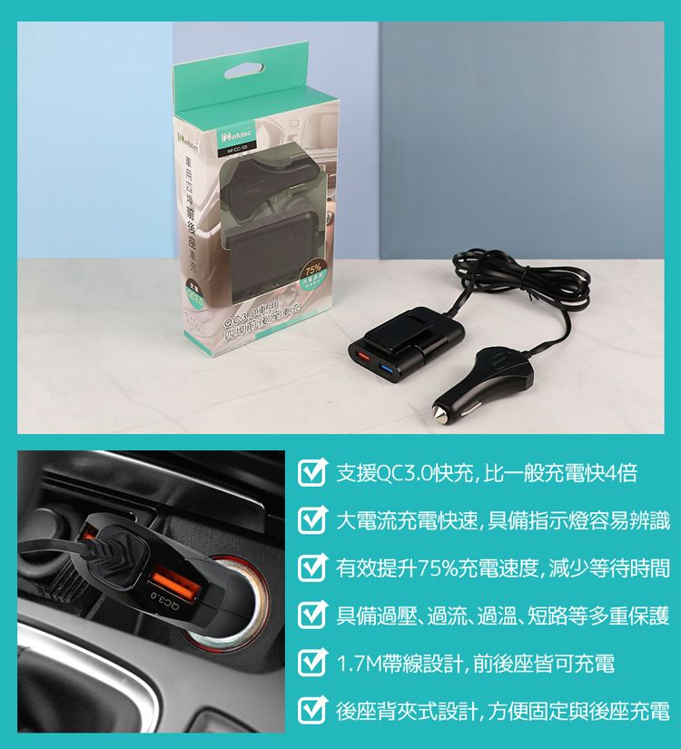 infotec 英富達 CC103 QC3.0 帶線4埠USB前後座車充(1.7M)