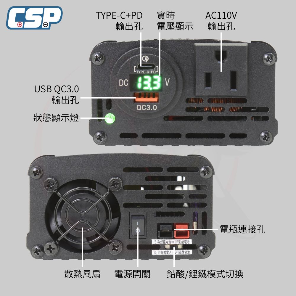 CSP PD-300W 純正弦波輸出 逆變器 鉛酸/鋰鐵切換 數位電壓顯示 正負反接保護 USB輸出 行動辦公室