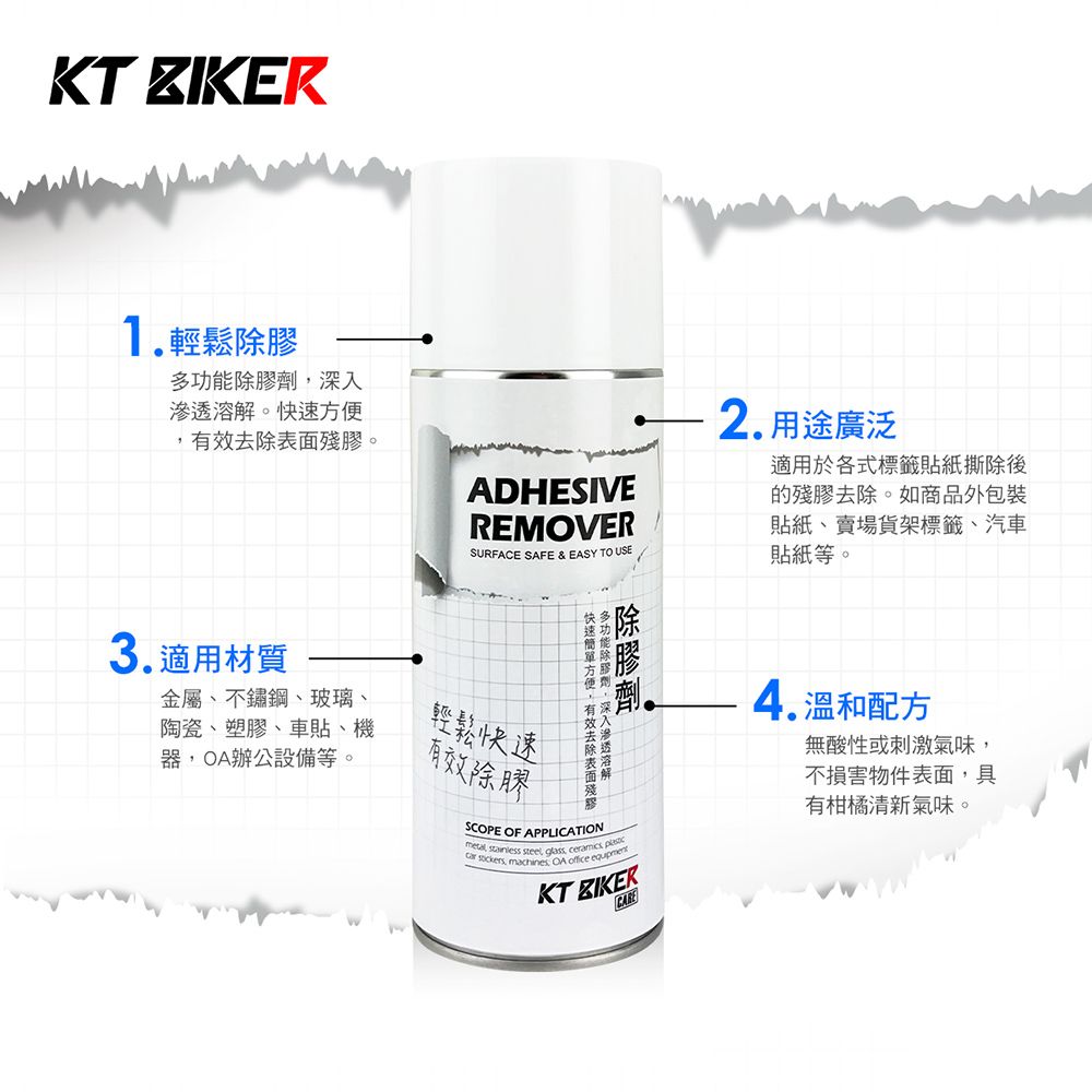 KT 輕鬆。膠。ADHESIVEREMOVERSURFACE SAFE & EASY TO USE用途廣泛適用於各式標籤貼紙撕除後的殘膠去除。如商品外包裝貼紙、賣場貨架標籤、汽車貼紙等。3.適用材質金屬、不鏽鋼、玻璃、陶瓷、塑膠、車貼、機器辦公設備等。輕鬆快速有效除膠除快速方便有效去除表面殘膠多功能除膠劑深入滲透溶解SCOPE OF APPLICATION  steel, glass,   , machines OA office KT ZIKERCARE4.溫和配方無酸性或刺激氣味,不損害物件表面,具有柑橘清新氣味。