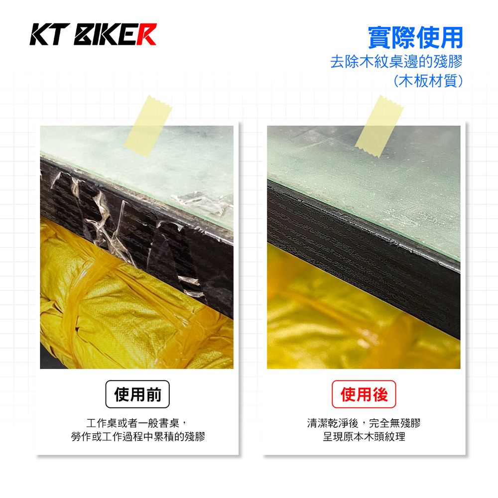 KT ZIKER實際使用去除木紋桌邊的殘膠(木板材質)使用前工作桌或者一般書桌,勞作或工作過程中累積的殘膠使用後清潔乾淨後,完全無殘膠呈現原本木頭紋理