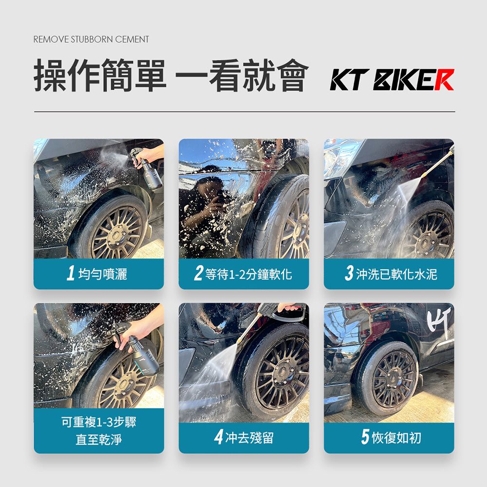 REMOVE STUBBORN CEMENT操作簡單 看就會 KT ZIKER均勻噴灑2等待1-2分鐘軟化3沖洗已軟化水泥可重複1-3步驟直至乾淨4冲去殘留5恢復如初