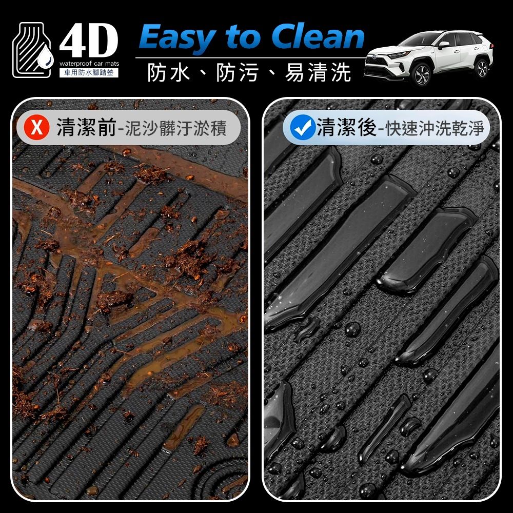4D Easy to Cleanwaterproof car mats 車用防水腳踏墊防水、防污、易清洗 清潔前-泥沙髒汙清潔後-快速沖洗乾淨