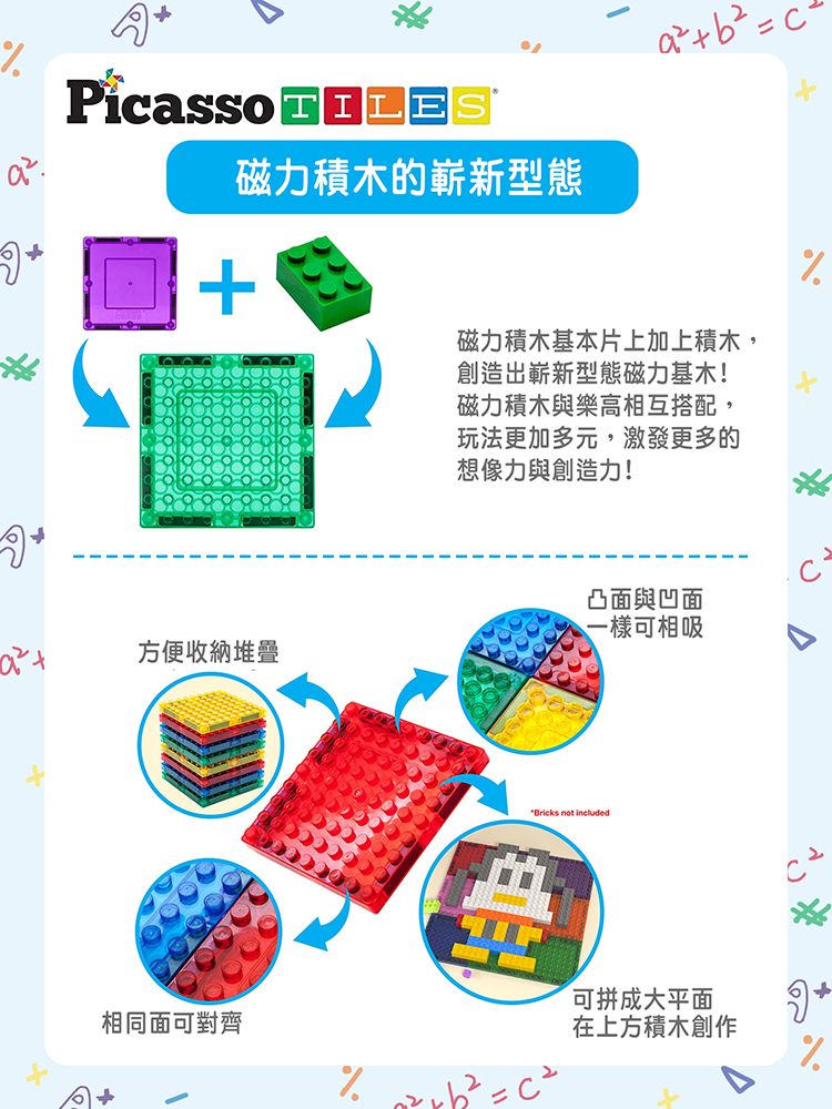 磁力積木的嶄新型態 磁力積木基本片上加上積木,創造出嶄新型態磁力基木!磁力積木與樂高相互搭配,玩法更加多元,激發更多的想像力與創造力!凸面與凹面可相吸方便收納堆疊Bricks not included可拼成大平面相同面可對齊在上方積木創作   = %