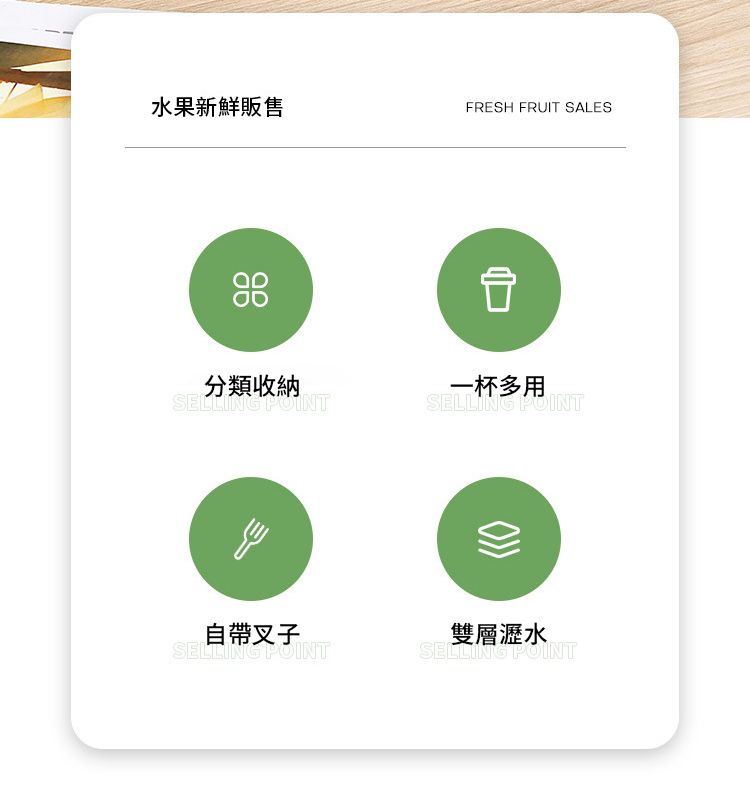 水果新鮮販售FRESH FRUIT SALES分類收納一杯多用SELLING POINTSELLING POINT自帶叉子SELLING POINT雙層瀝水SELLING POINT