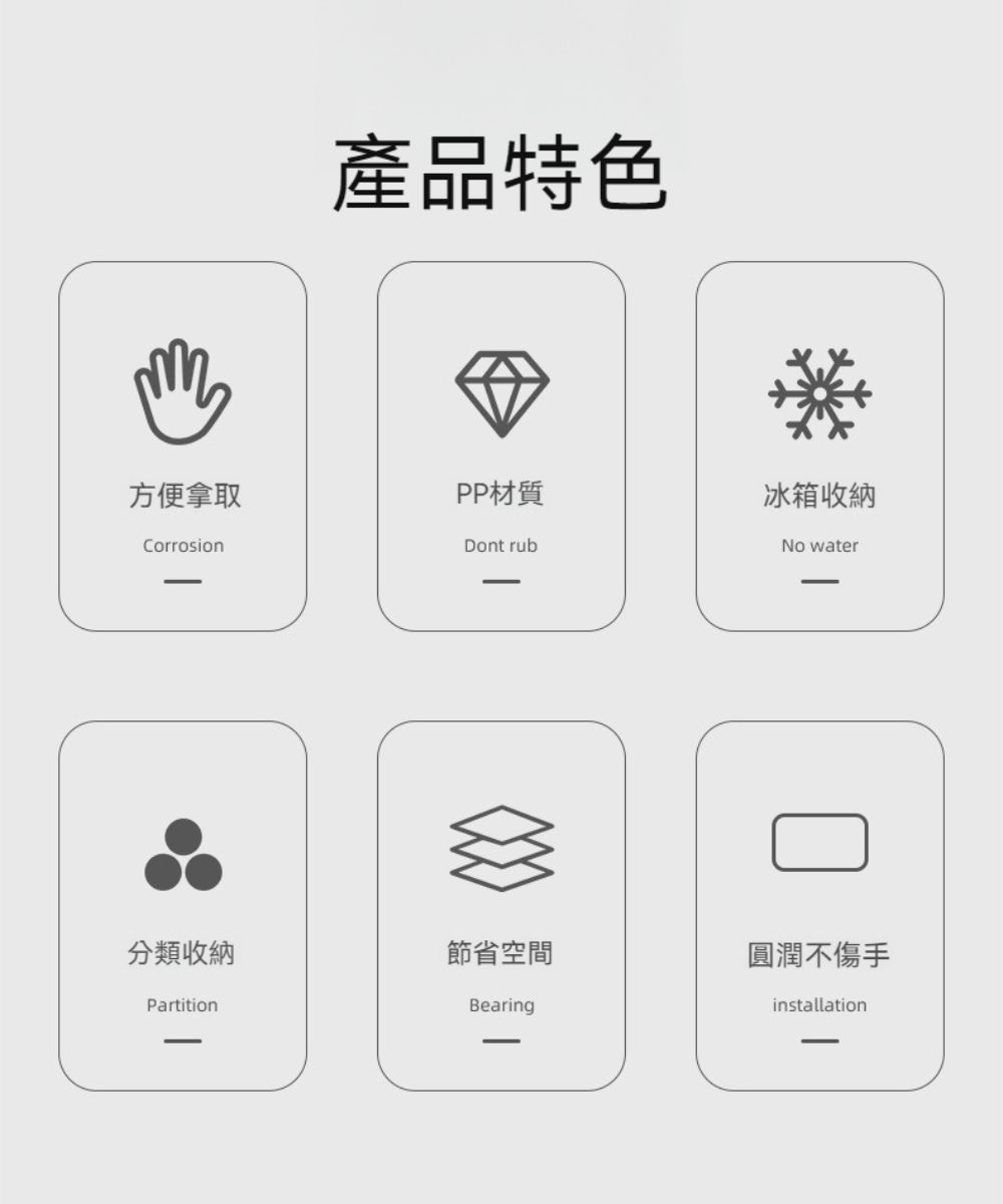 產品特色方便拿取PP材質冰箱收納CorrosionDont rubNo water分類收納節省空間圓潤不傷手PartitionBearinginstallation