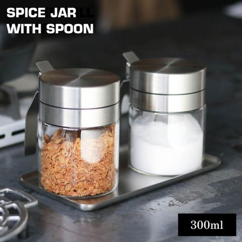 【DULTON】日本 不鏽鋼玻璃香料罐 鹽巴罐 糖罐 玻璃調味罐 300ml(附不鏽鋼匙)