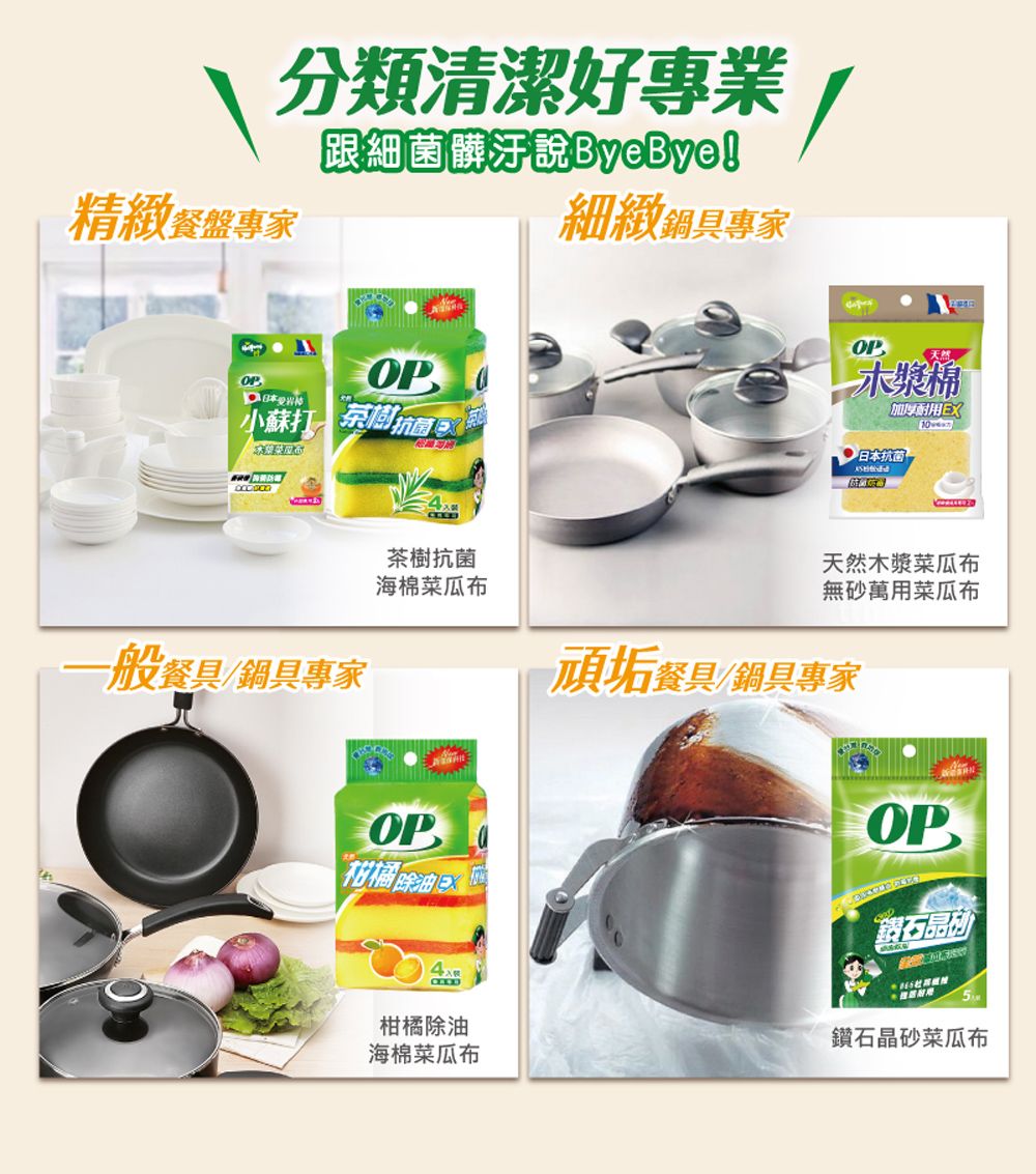 分類清潔好專業跟細菌髒汙說ByeBye!精緻餐盤專家細緻鍋具專家OPOP小蘇打 茶樹茶樹抗菌海棉菜瓜布一般餐具/鍋具專家OP柑橘除油OP天然木漿棉EX日本抗菌天然木漿菜瓜布無砂萬用菜瓜布頑垢餐具/鍋具專家OP鑽石晶柑橘除油海棉菜瓜布鑽石晶砂菜瓜布