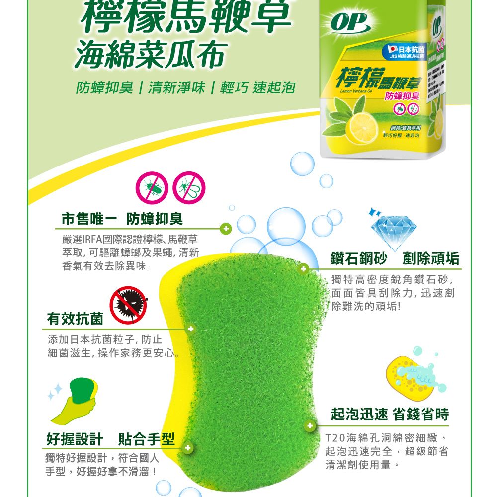 OP檸檬馬鞭草 海綿菜瓜布日本抗 菌JIS檢驗通過抗 菌防蟑抑  清新淨味輕巧 速起泡Lemon Verbena 檸檬馬鞭草防蟑抑臭鍋具專用輕巧好速起泡市售 防蟑抑臭嚴選IRFA國際認證檸檬、馬鞭草萃取,可驅離蟑螂及果蠅,清新香氣有效去除異味。鑽石鋼砂剷除頑垢獨特高密度銳角鑽石砂,面面皆具刮除力,迅速剷除難洗的頑垢!有效抗 菌添加日本抗 菌粒子,防止細 菌滋生,操作家務更安心。好握設計 貼合手型獨特好握設計,符合國人手型,好握好拿不滑溜!起泡迅速 省錢省時T20海綿孔洞綿密細緻、起泡迅速完全,超級節省清潔劑使用量。