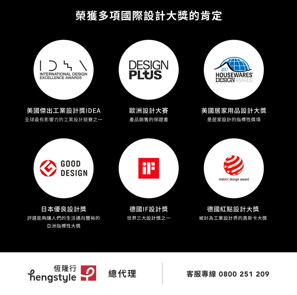 榮獲多項國際設計大獎的肯定INTERNATIONAL DESIGNEXCELLENCE AWARDSDESIGN2017PLUSHOUSEWARESDESIGNAWARDS美國傑出工業設計獎IDEA全球最有影響力的工業設計競賽之一歐洲設計大賽產品銷售的保證書美國居家用品設計大獎是居家設計的指標性獎項GOODDESIGNreddot design award日本優良設計獎評選能夠讓人們的生活邁向豐裕的亞洲指標性大獎德國IF設計獎世界三大設計獎之一德國紅點設計大獎被封為工業設計界的奧斯卡大獎恆隆行hengstyle總代理客服專線 0800 251 209
