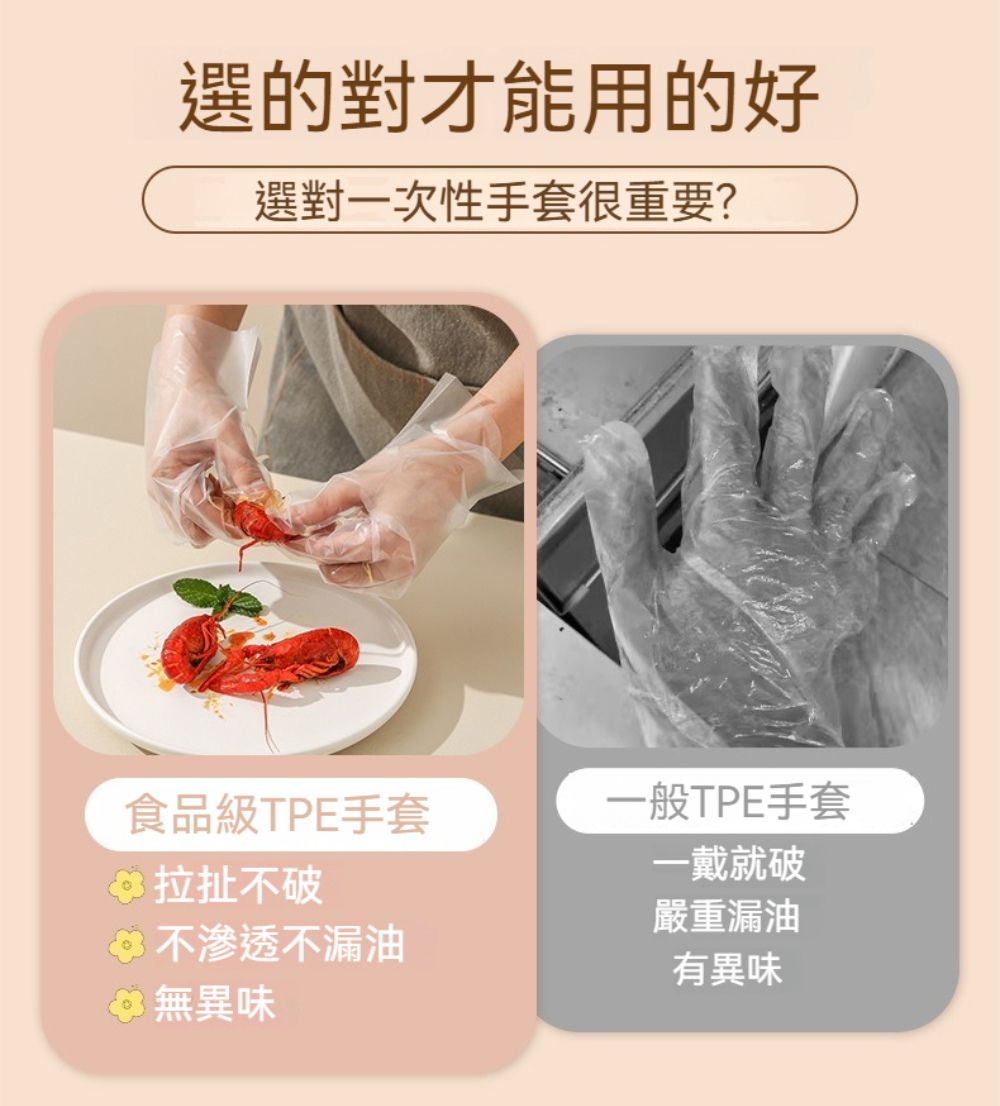 選的對才能用的好選對一次性手套很重要?食品級TPE手套一般TPE手套 拉扯不破不滲透不漏油無異味一戴就破嚴重漏油有異味