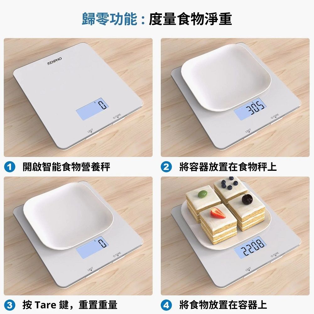 RENPH歸零功能:度量食物淨重305開啟智能食物營養秤② 將容器放置在食物秤上UNIT2208  Tare鍵,重置重量 將食物放置在容器上UNITTAREOTARE