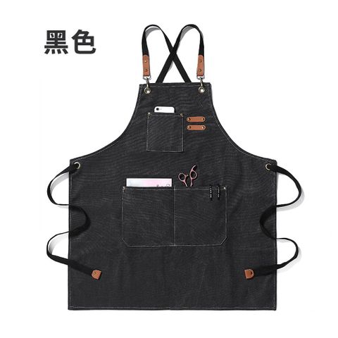 牛仔風圍裙 工作圍裙 工業風圍裙 廚房 圍裙 黑色(1入)