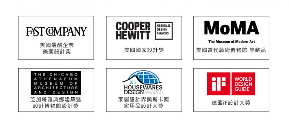 FAST 美國最酷企業美國設計獎COOPERNATIONALDESIGNHEWITTAWARDS美國國家設計獎THE CHICAGOATHENAEUMMUSEUM OFARCHITECTUREAND DESIGN芝加哥雅典娜建築暨設計博物館設計獎2017HOUSEWARESDESIGN AWARDS.家居設計界奧斯卡獎家用品設計大獎The Museum of Modern Art美國當代藝術博物館 館藏品WORLDDESIGNGUIDE德國iF設計大獎