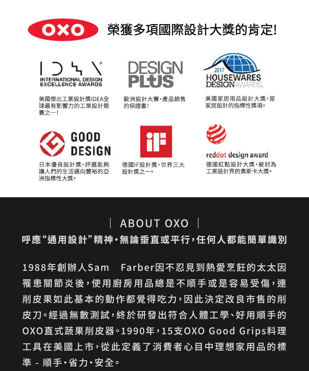 榮獲多項國際設計大獎的肯定!INTERNATIONAL DESIGNEXCELLENCE AWARDSDESIGNPLUS2017HOUSEWARESDESIGN AWARDS.美國傑出工業設計獎IDEA全球最有影響力的工業設計競賽之一!歐洲設計大賽,產品銷售的保證書!美國家居用品設計大獎,是家居設計的指標性獎項。GOODDESIGN日本優良設計獎,評選能夠讓人們的生活邁向豐裕的亞洲指標性大獎。德國IF設計獎,世界三大設計獎之一。reddot design award德國紅點設計大獎,被封為工業設計界的奥斯卡大獎。| ABOUT  |呼應“通用設計”精神無論垂直或平行,任何人都能簡單識別1988年創辦人Sam Farber因不忍見到熱愛烹飪的太太因罹患關節炎後,使用廚房用品總是不順手或是容易受傷,連削皮果如此基本的動作都覺得吃力,因此決定改良市售的削皮刀。經過無數測試,終於研發出符合人體工學、好用順手的OXO直式蔬果削皮器。1990年,15支OXO Good Grips料理工具在美國上市,從此定義了消費者心目中理想家用品的標準 - 順手省力·安全。