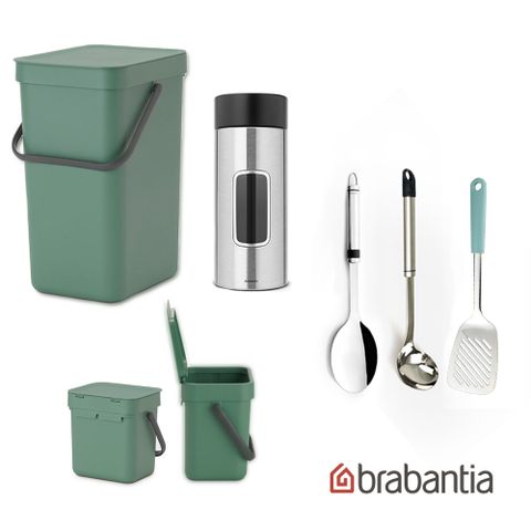 【Brabantia】廚房配件6件組(不鏽鋼配件3件、儲物罐、置物桶廚餘桶)