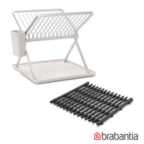 Brabantia 可折疊瀝水架(淺灰)+可伸縮矽膠瀝水墊-深灰