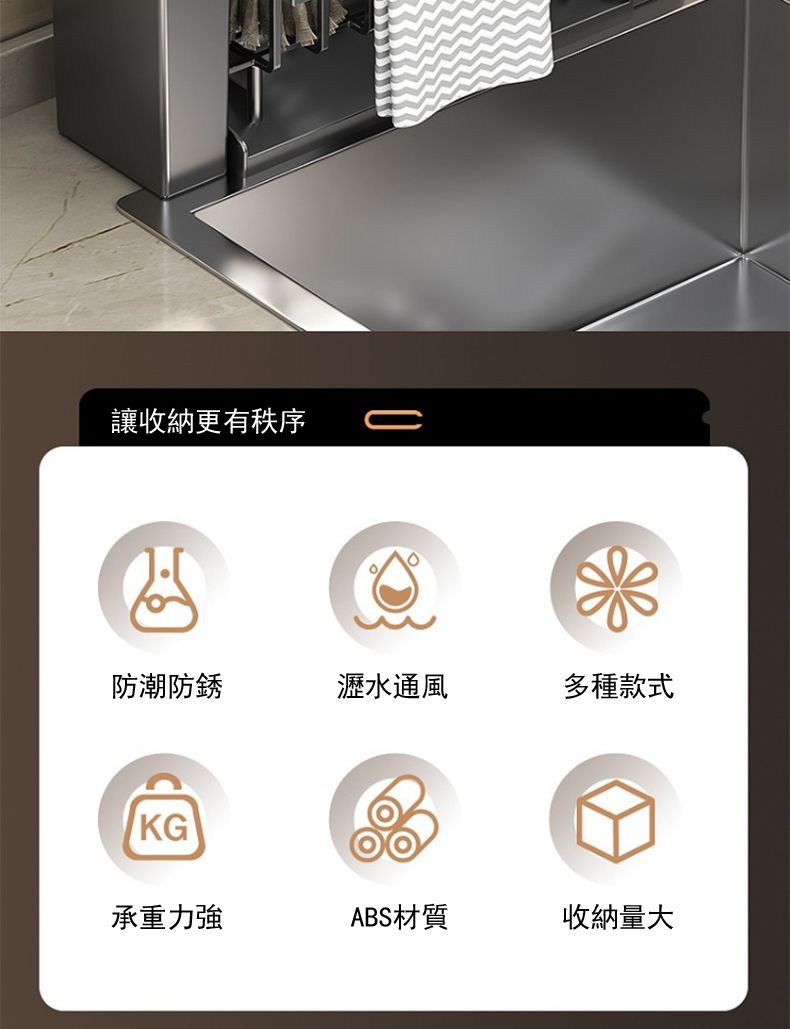 讓收納更有秩序防潮防銹瀝水通風多種款式KG承重力強ABS材質收納量大