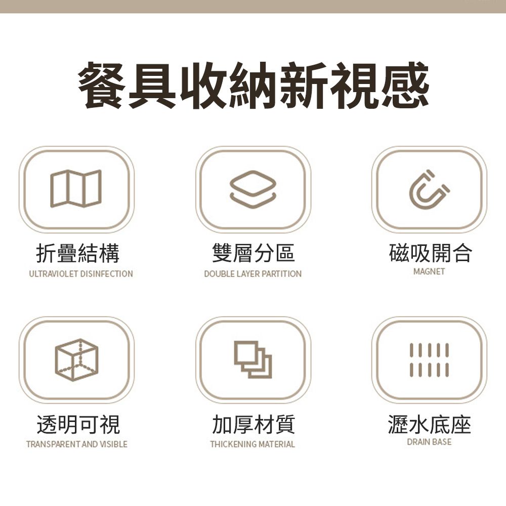 餐具收納新視感折疊結構雙層分區磁吸開合ULTRAVIOLET DISINFECTIONDOUBLE LAYER PARTITIONMAGNET透明可視TRANSPARENT AND VISIBLE加厚材質THICKENING MATERIAL瀝水底座DRAIN BASE