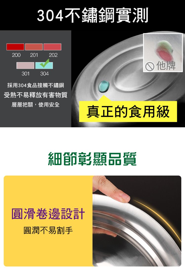 304不鏽鋼實測200201 202301304採用304食品接觸不鏽鋼 他牌受熱不易釋放有害物質層層把關,使用安全真正的食用級細節彰顯品質圓滑卷邊設計圓潤不易割手
