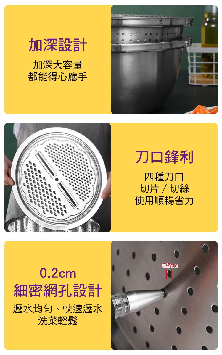 加深設計加深大容量都能得心應手細密網孔設計瀝水均勻、快速瀝水洗菜輕鬆刀口鋒利四種刀口切片/切絲使用順暢省力0.2cm