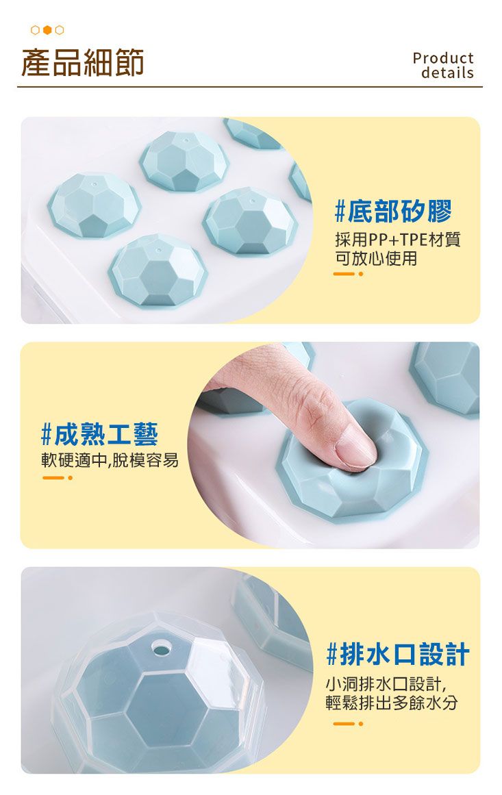 產品細節Productdetails#成熟工藝軟硬適中,脫模容易#底部矽膠採用PP+TPE材質可放心使用-#排水口設計小洞排水口設計,輕鬆排出多餘水分