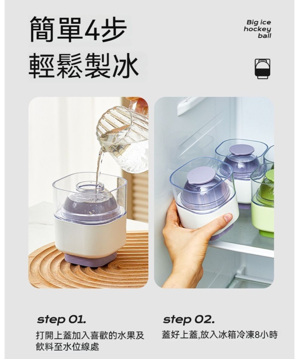 簡單4步輕鬆製冰step 01.打開上蓋加入喜歡的水果及飲料至水位線處Big icehockeyballstep 02.蓋好上蓋,放入冰箱冷凍8小時
