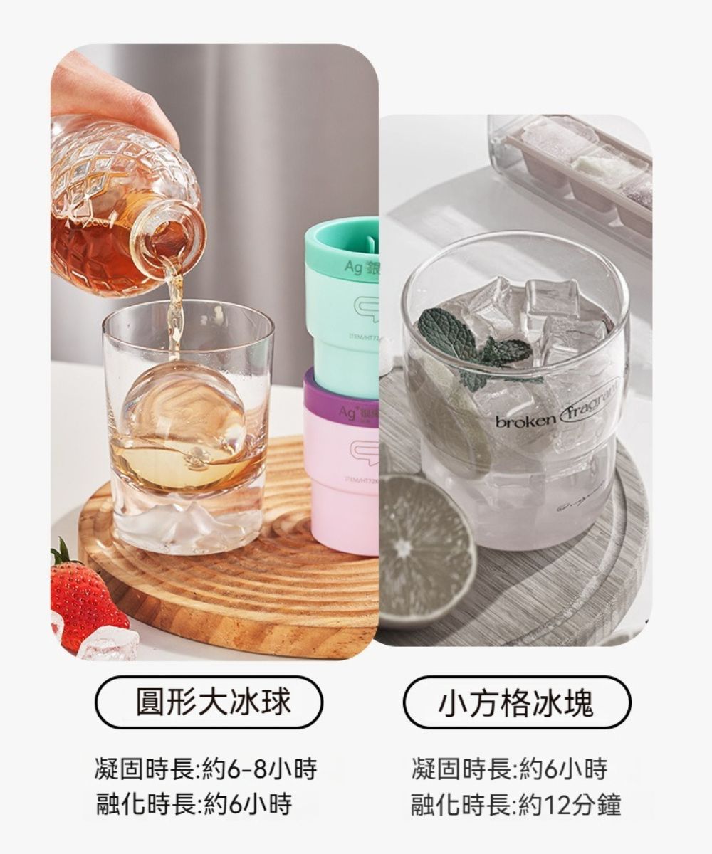 銀Ag broken 圓形大冰球小方格冰塊凝固時長:約6-8小時融化時長:約6小時凝固時長:約6小時融化時長:約12分鐘
