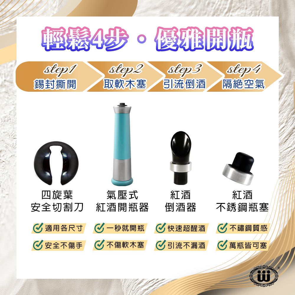 輕鬆4步。優雅開瓶step3step 4step1step 2錫封撕開取軟木塞引流倒酒隔絕空氣四旋葉安全切割刀氣壓式紅酒紅酒紅酒開瓶器倒酒器不銹鋼瓶塞 適用各尺寸一秒就開瓶快速超醒酒不鏽鋼質感安全不手 不傷軟木塞引流不漏酒萬瓶皆可塞
